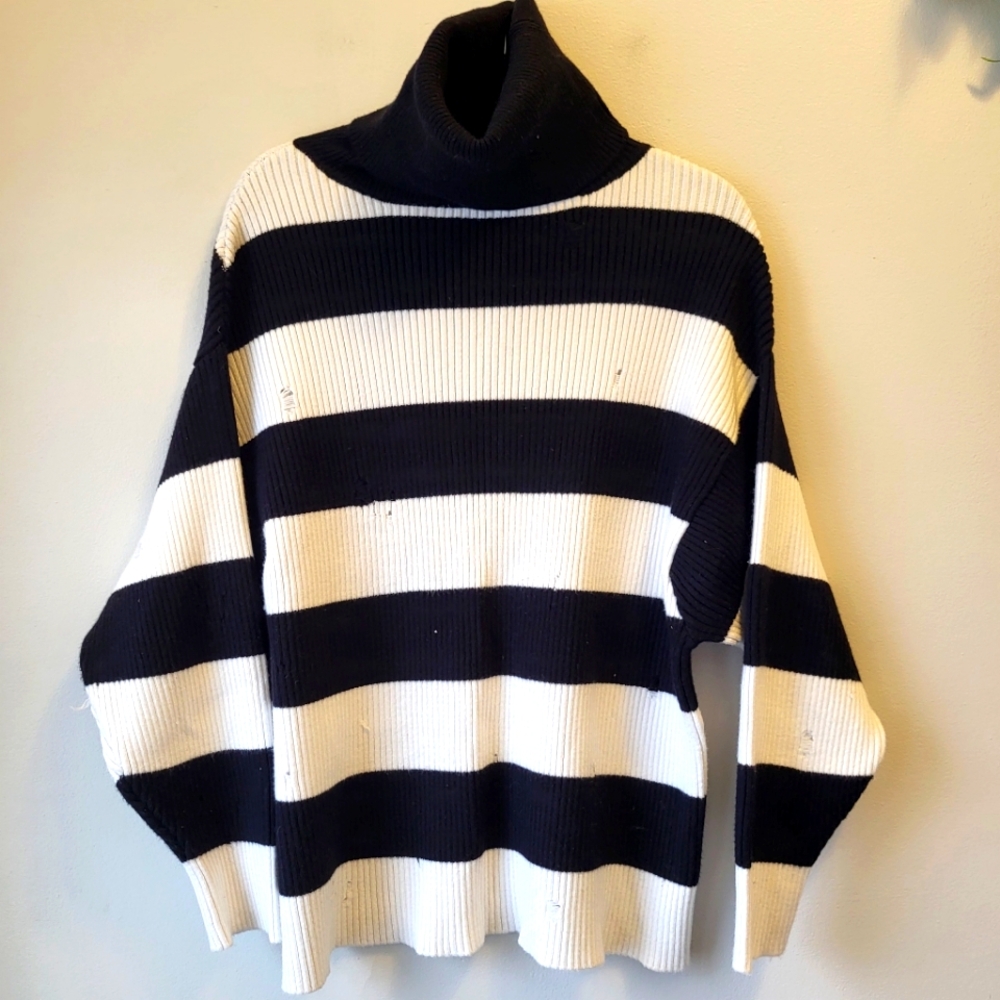 Zara Black White Oversized Light Distressed Heavy Knit Sweater Sz S